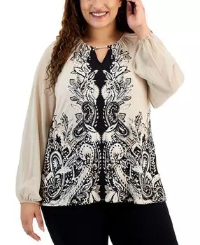 Топ больших размеров с принтом и шифоновыми рукавами, украшенным воротником JM Collection