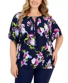 Топ больших размеров с разрезом по горловине и цветочным принтом JM Collection, синий