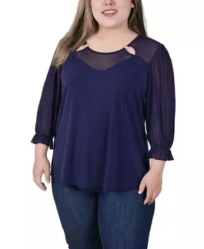 Топ больших размеров с рукавами 3/4 с кольцом и сеткой NY Collection, синий