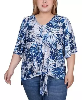 Топ больших размеров с рукавами до локтя и завязкой спереди NY Collection, синий