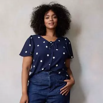 Топ больших размеров с завязками спереди и рукавами-крылышками Lc Lauren Conrad, цвет navy audrey dot