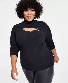 Топ больших размеров в рубчик с вырезом и заклепками I.N.C. International Concepts, черный