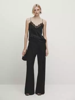 Топ-бретелька с кружевной деталью Massimo Dutti, черный