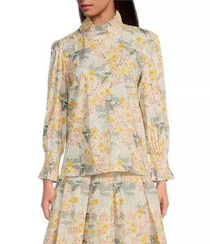 Топ Buru Mod из поплина с присборенными рукавами и воротником-стойкой, цветочный