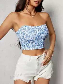 Топ-бюстье укороченный Shein Petite с цветочным принтом, синий