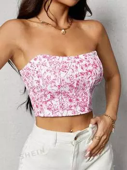 Топ-бюстье укороченный Shein Petite с цветочным принтом, розовый