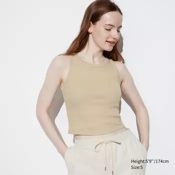Топ-бюстгалтер без рукавов в ребрику укороченного кроя UNIQLO, бежевый