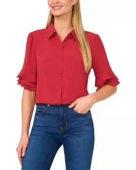 Топ CeCe с рукавами 3/4, застежкой на пуговицы спереди и воротником, оранжевый