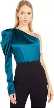Топ Cushnie One Shoulder Fitted Top with Draped Sleeve, цвет Dark Teal