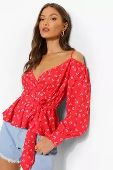 Топ ditsy с холодными плечами Boohoo, красный