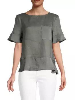 Топ Dkny однотонный из смеси льна с рюшами, темно-зеленый