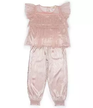 Топ для маленьких/больших девочек от 2 до 10 лет с короткими рукавами из блестящей сетки/мятого марлевого топа и комплект брюк-джоггеров в тон Peek, розовый