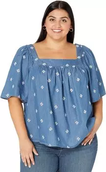 Топ Draper James Plus Size Maren Top in Embroidered Chambray, цвет Medium Wash