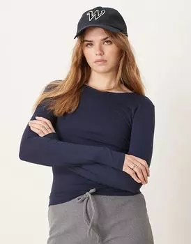 Топ Gina Tricot Soft Touch облегающего кроя с круглым вырезом темно-синего цвета