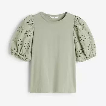 Топ H&M Eyelet Embroidered Sleeves, светло-зеленый