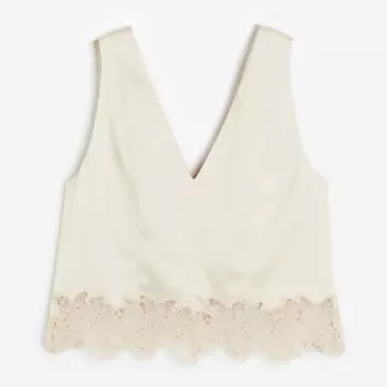 Топ H&M Lace-trimmed Satin, светло-бежевый