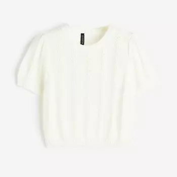 Топ H&M Textured-knit Puff-sleeved, кремовый