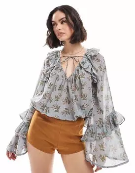 Топ-халат ASOS DESIGN с завязкой на шее, расклешенными рукавами и цветочным принтом