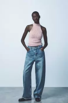 Топ-холтер с искусственным жемчугом ZARA, пастельно-розовый