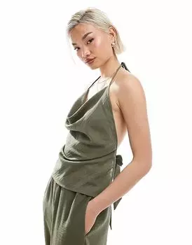 Топ-хомут Vero Moda из льна с принтом «халтер» в травянисто-зеленом цвете