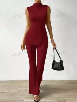 Топ и расклешенные брюки Shein Essnce с воротником-стойкой, бургундия