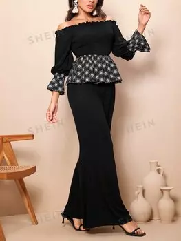 Топ и широкие брюки Shein Mulvari с цветочной вышивкой, черный