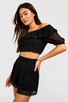 Топ и шорты с открытыми плечами добби Boohoo, черный