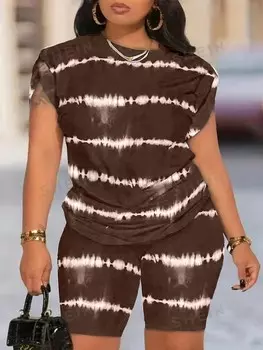 Топ и шорты Shein Slayr Tie Dyed с короткими рукавами и круглым вырезом, коричневый