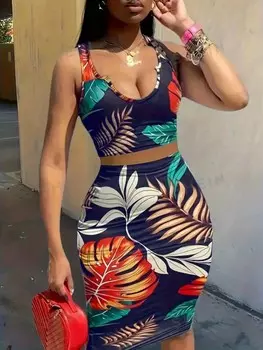 Топ и юбка-миди Shein Slayr с тропическим принтом, синий