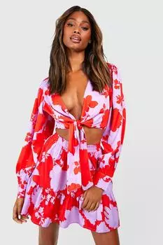 Топ и юбка с объемными рукавами на завязке передней части Boohoo, красный