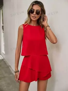 Топ и юбка Shein Clasi с круглым вырезом, красный