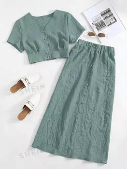 Топ и юбка Shein Mulvari текстурированный комплект, оливковый