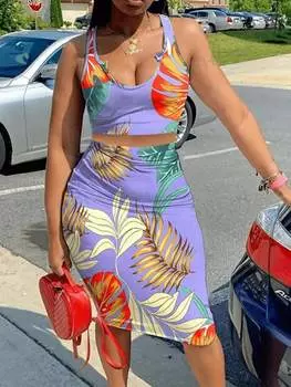 Топ и юбка Shein Slayr с тропическим принтом, сиреневый