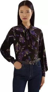 Топ из эластичного джерси с цветочным принтом и завязками на воротнике LAUREN Ralph Lauren, цвет Brown/Purple/Multi
