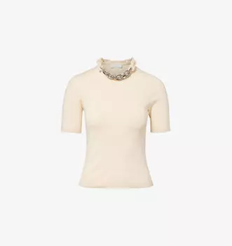 Топ из эластичного хлопка с короткими рукавами, украшенный цепочкой Rabanne, бежевый