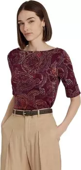 Топ из эластичного хлопка с узором пейсли Petite с вырезом лодочкой LAUREN Ralph Lauren, цвет Burgundy Multi