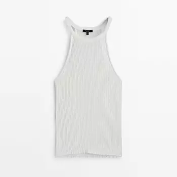 Топ из ажурного трикотажа в рубчик с горловиной халтер Massimo Dutti, кремовый