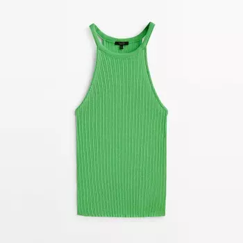 Топ из ажурного трикотажа в рубчик с горловиной халтер Massimo Dutti, зеленый