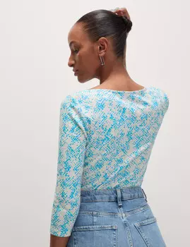 Топ из чистого хлопка с принтом Slim Fit с вырезом-лодочкой Marks & Spencer, синий