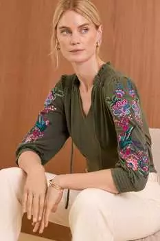 Топ из джерси с V образным вырезом и вышитыми рукавами Love & Roses, зеленый