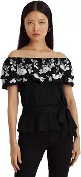 Топ из джерси с вышивкой и открытыми плечами LAUREN Ralph Lauren, цвет Black/White