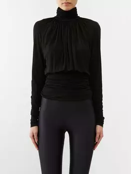 Топ из джерси с высоким воротником и сборками Saint Laurent, черный