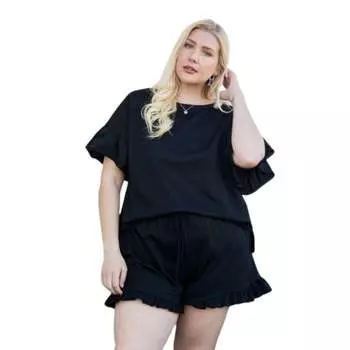 Топ из французского трикотажа с круглым вырезом, рукавами-оборками и боковыми разрезами FASHNZFAB, черный