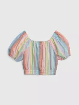 Топ из хлопка и льна с объемными рукавами Gap, цвет pink/ light blue