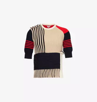 Топ из хлопка в рубчик с короткими рукавами в стиле пэчворк Bottega Veneta, мультиколор