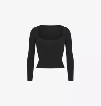 Топ из хлопкового джерси с круглым вырезом и длинными рукавами Skims, цвет soot