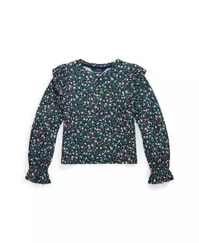 Топ из хлопкового модала с цветочными оборками для малышей и девочек Polo Ralph Lauren, синий