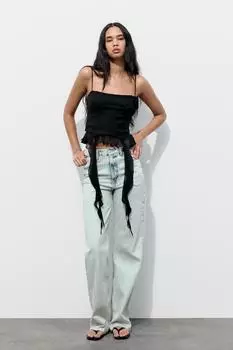 Топ из хлопкового муслина с расширенными цветочными деталями ZARA, черный