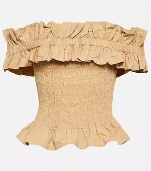 Топ из хлопкового поплина с открытыми плечами GANNI, коричневый