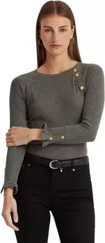 Топ из хлопковой смеси с отделкой на пуговицах в рубчик LAUREN Ralph Lauren, цвет Modern Grey Heather